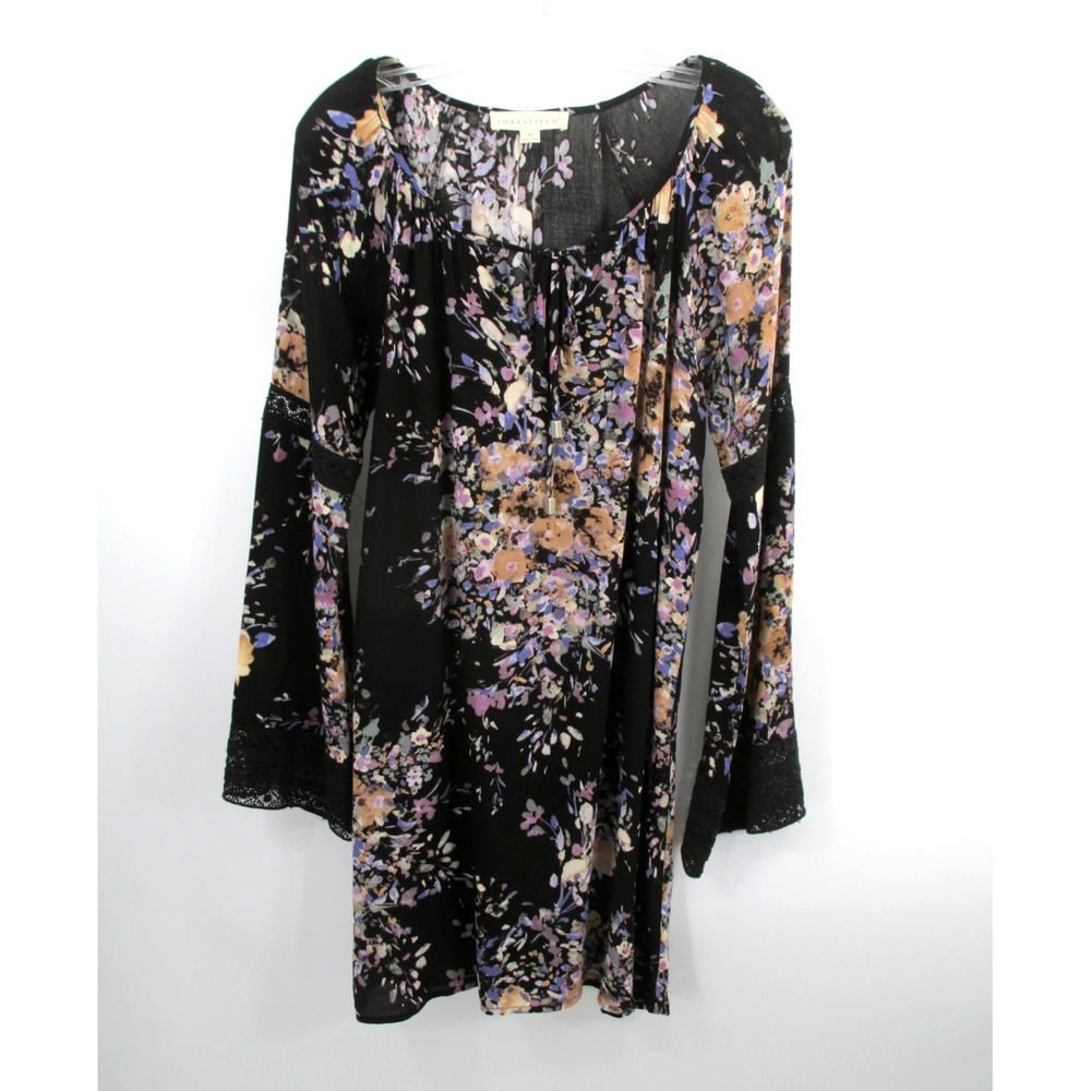 LOVESTITCH Women Black Floral Tunic Blouse Boho Bell Sleeve Crochet Trim Med